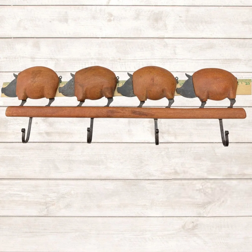 Rustic Wood and Metal Pig Wall Mount Coat Rack 4 Hook Farmhouse Entryway Decor